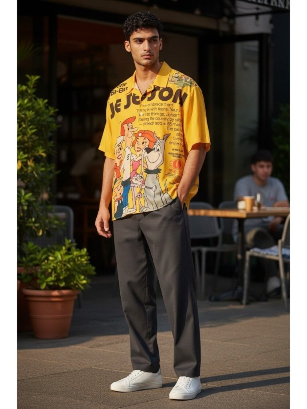 Jetsons Cartoon Button Front Shirt Men's 3XL Yellow Hanna Barbera Graphic NEW